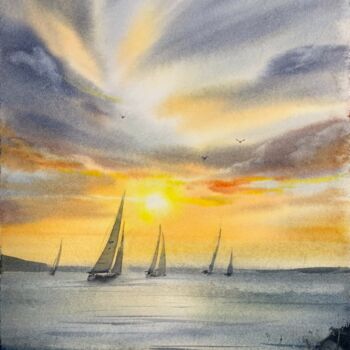 "Yachts at sunset #16" başlıklı Tablo Eugenia Gorbacheva tarafından, Orijinal sanat, Suluboya