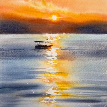 Schilderij getiteld "Orange sunset #26" door Eugenia Gorbacheva, Origineel Kunstwerk, Aquarel