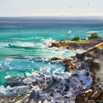 Painting titled "Waves and rocks #21" by Eugenia Gorbacheva, Original Artwork, Watercolor