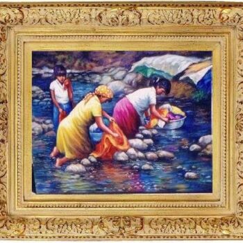 Painting titled "lavanderas en el rio" by Eusebio Vidal, Original Artwork, Oil