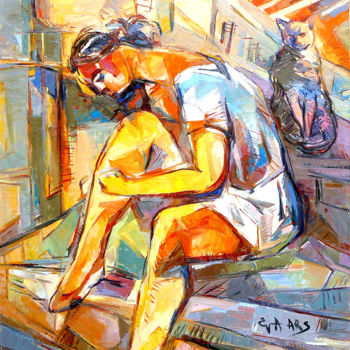 Malerei mit dem Titel "Sandra et le chat" von Eva Ars, Original-Kunstwerk, Öl