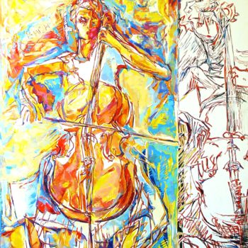 Malerei mit dem Titel "La violoncelliste" von Eva Ars, Original-Kunstwerk, Öl