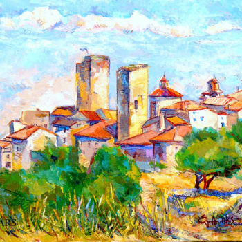 Painting titled "Le village Médiéval…" by Eva Ars, Original Artwork, Oil