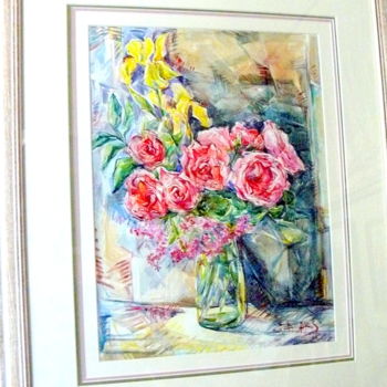 Painting titled "Le bouquet de roses…" by Eva Ars, Original Artwork, Watercolor Mounted on Glass