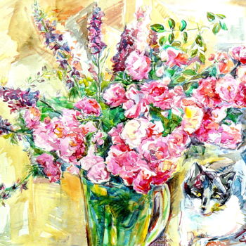 Painting titled "Les roses romantiqu…" by Eva Ars, Original Artwork, Watercolor