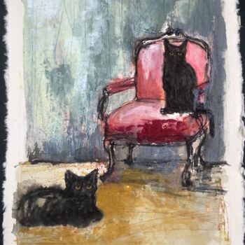 Painting titled "CATS AT HOME" by Eva Fialka, Original Artwork, Ink