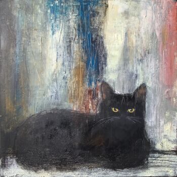 Painting titled "CHAT NOIR 2" by Eva Fialka, Original Artwork, Acrylic Mounted on Wood Stretcher frame