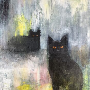 Painting titled "ABSTRACT BLACK CATS" by Eva Fialka, Original Artwork, Acrylic Mounted on Wood Stretcher frame
