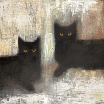 Painting titled "CHATS NOIRS" by Eva Fialka, Original Artwork, Acrylic Mounted on Wood Stretcher frame