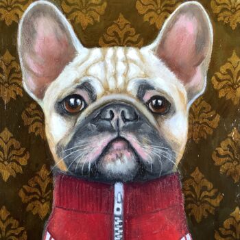 Painting titled "FRENCH BULLDOG" by Eva Fialka, Original Artwork, Oil Mounted on Wood Stretcher frame