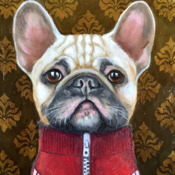 Schilderij getiteld "FRENCH BULLDOG" door Eva Fialka, Origineel Kunstwerk, Olie Gemonteerd op Frame voor houten brancard