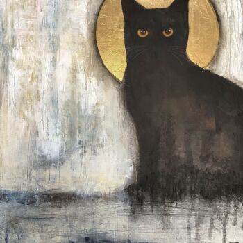 Painting titled "LE CHAT NOIR" by Eva Fialka, Original Artwork, Acrylic Mounted on Wood Stretcher frame