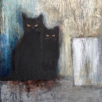 Painting titled "BLACK CATS3" by Eva Fialka, Original Artwork, Acrylic Mounted on Wood Stretcher frame