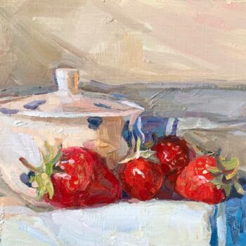 Schilderij getiteld "Strawberry Miracle" door Eva Gets, Origineel Kunstwerk, Olie Gemonteerd op Houten paneel