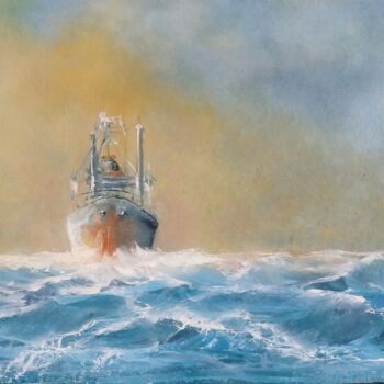Peinture intitulée "Корабль в штормовом…" par Eva Lazaryan, Œuvre d'art originale, Huile