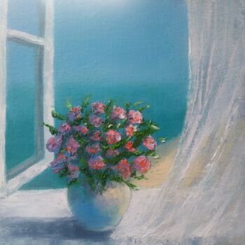 Peinture intitulée "Окно, цветы, море:…" par Eva Lazaryan, Œuvre d'art originale, Huile Monté sur Carton