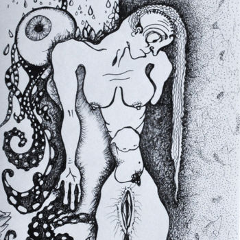 Drawing titled "Femme-Homme-Pieuvre" by Eva Mifsud, Original Artwork, Ink