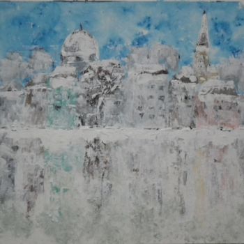 Painting titled "snowfall in the city" by Éva Mihalovics, Original Artwork, Acrylic