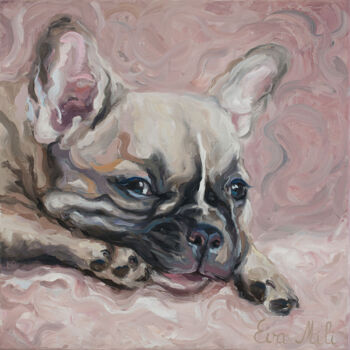 Peinture intitulée "Baby Pink Bulldog" par Eva Mili, Œuvre d'art originale, Huile Monté sur Châssis en bois