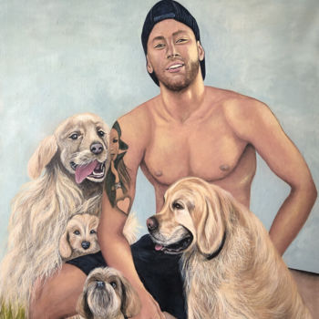 Malerei mit dem Titel "Neymar et ses chiens" von Eva Pelles, Original-Kunstwerk, Acryl Auf Keilrahmen aus Holz montiert