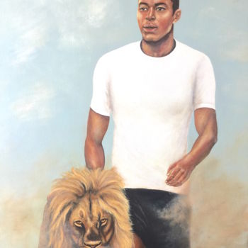 Painting titled "Le Roi Lion Mbappé" by Eva Pelles, Original Artwork, Acrylic Mounted on Wood Stretcher frame