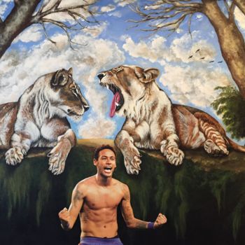 「Neymar et des Lions」というタイトルの絵画 Eva Pellesによって, オリジナルのアートワーク, アクリル ウッドストレッチャーフレームにマウント