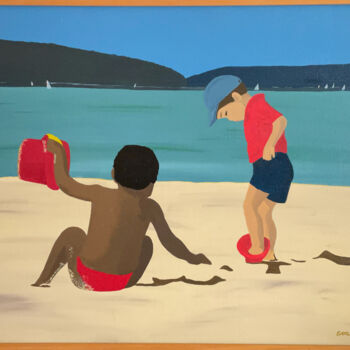 Painting titled "Jeux de plage" by Eva Rouwens, Original Artwork, Acrylic Mounted on Wood Stretcher frame