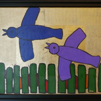 Painting titled "2 oiseaux" by Eva Rouwens, Original Artwork, Acrylic Mounted on Wood Stretcher frame