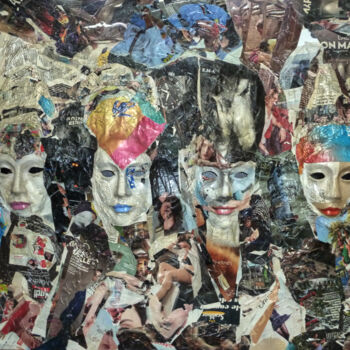 Collages intitulée "les masques" par Gilbert Le Vast, Œuvre d'art originale, Collages Monté sur Châssis en bois
