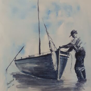 Peinture intitulée "L'homme à la barque" par Eve Elikoff, Œuvre d'art originale, Aquarelle