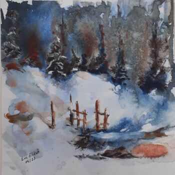 Картина под названием "paysage de neige" - Eve Elikoff, Подлинное произведение искусства, Акварель