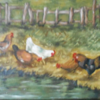 Painting titled "POULES ET COQS PRES…" by Eva De Los Santos, Original Artwork, Oil