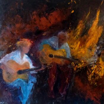 「les guitares du soir」というタイトルの絵画 Eve Hernandezによって, オリジナルのアートワーク, オイル