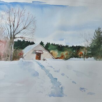 Painting titled "neige en Bugey" by Eve Hernandez, Original Artwork, Watercolor