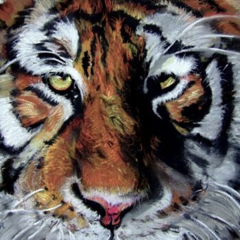 Painting titled "Tigre" by Eve Roussel, Original Artwork, Pastel Mounted on Glass