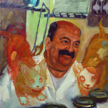 Pintura intitulada "Charcutier à chats" por Eve Clair, Obras de arte originais, Óleo Montado em Armação em madeira