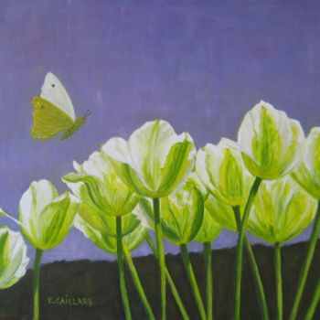 Painting titled "Papillon sur tulipe…" by E.Caillard, Original Artwork, Oil