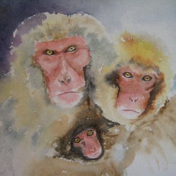 Painting titled "famille-singe.jpg" by E.Caillard, Original Artwork, Watercolor