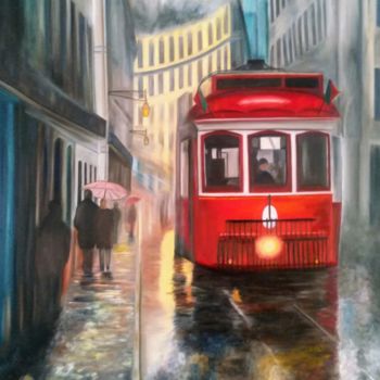 Painting titled "Tramway de Lisbonne" by Evelyne Deuil, Original Artwork, Oil