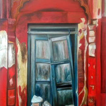 Painting titled "une porte" by Evelyne Deuil, Original Artwork, Oil