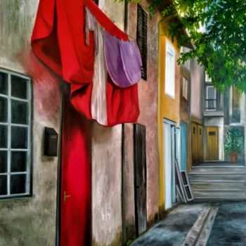 Peinture intitulée "une rue" par Evelyne Deuil, Œuvre d'art originale, Huile