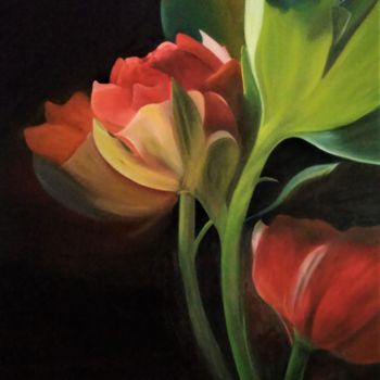 Painting titled "Tulipes" by Evelyne Deuil, Original Artwork, Oil Mounted on Wood Stretcher frame