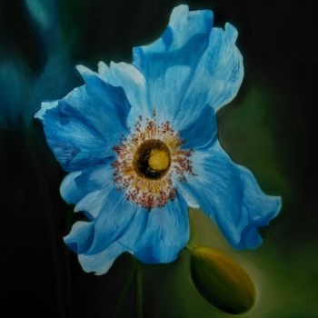 Painting titled "fleur bleue" by Evelyne Deuil, Original Artwork, Oil Mounted on Wood Stretcher frame