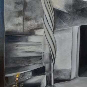 Painting titled "l'escalier" by Evelyne Deuil, Original Artwork, Oil Mounted on Wood Stretcher frame