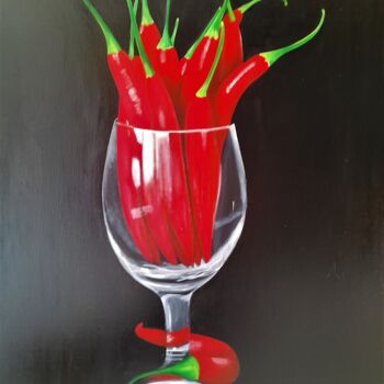 Painting titled "piments" by Evelyne Deuil, Original Artwork, Oil Mounted on Wood Stretcher frame