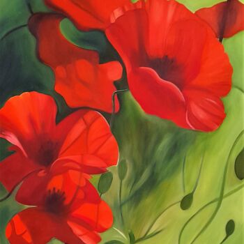 Schilderij getiteld "coquelicots" door Evelyne Deuil, Origineel Kunstwerk, Olie Gemonteerd op Frame voor houten brancard