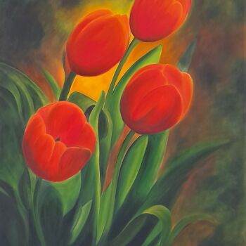 Painting titled "d'autres tulipes" by Evelyne Deuil, Original Artwork, Oil
