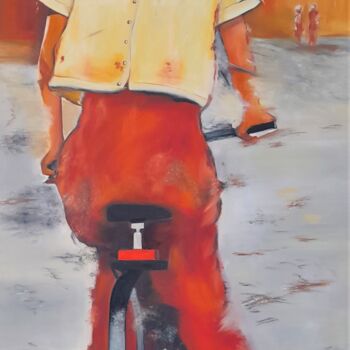 Painting titled "cycliste" by Evelyne Deuil, Original Artwork, Oil