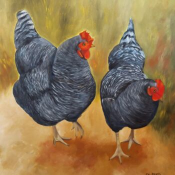 Painting titled "mes poules" by Evelyne Deuil, Original Artwork, Oil