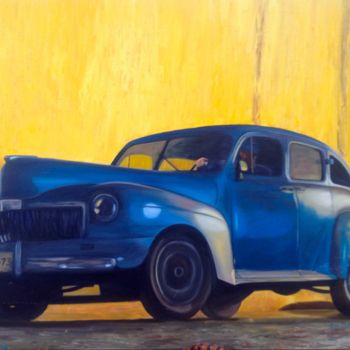 Painting titled "Voiture Bleue" by Evelyne Deuil, Original Artwork, Oil